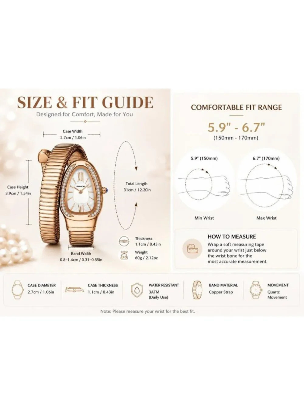 Women's Rose White Elegant Wrap Around Bangle Fashion Snake Cuff Wrist Watches